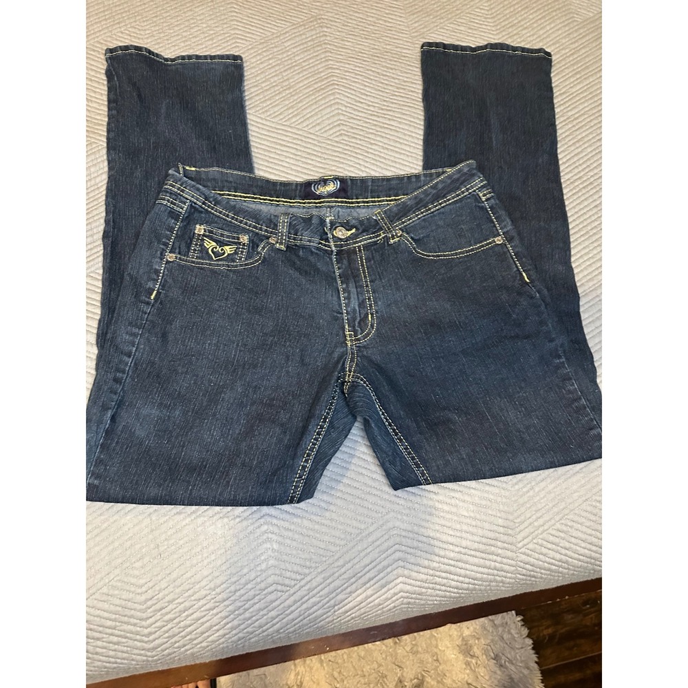 Angels Jeans Womens 13 Dark Wash Straight Leg Yellow Stitch Flap Pocket Denim